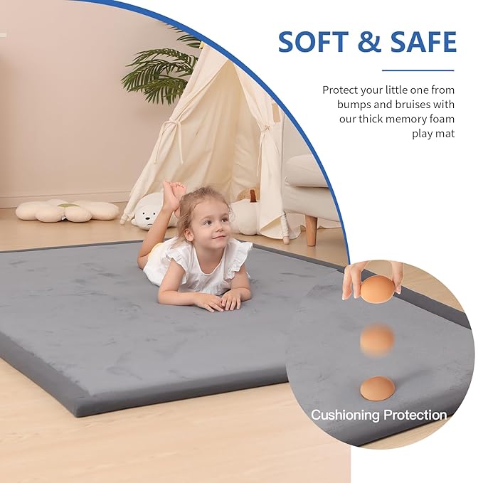 Baby Play Mat for Floor,1.3" Thick Memory Foam Tummy Time Mat,Soft Coral Velvet Nursery Rug,Large Non Slip for Crawling,Toddlers,Infants,Kids,Yoga & Tatami Style for Living Room(Dark Gray)