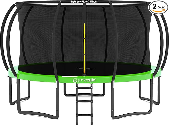 JUMPZYLLA Trampoline Outdoor 8FT 10FT 12FT 14FT 15FT 16FT with Enclosure and Ladder, ASTM Approved Recreational Trampoline for Kids and Adults, Anti-Rust Coated Frame