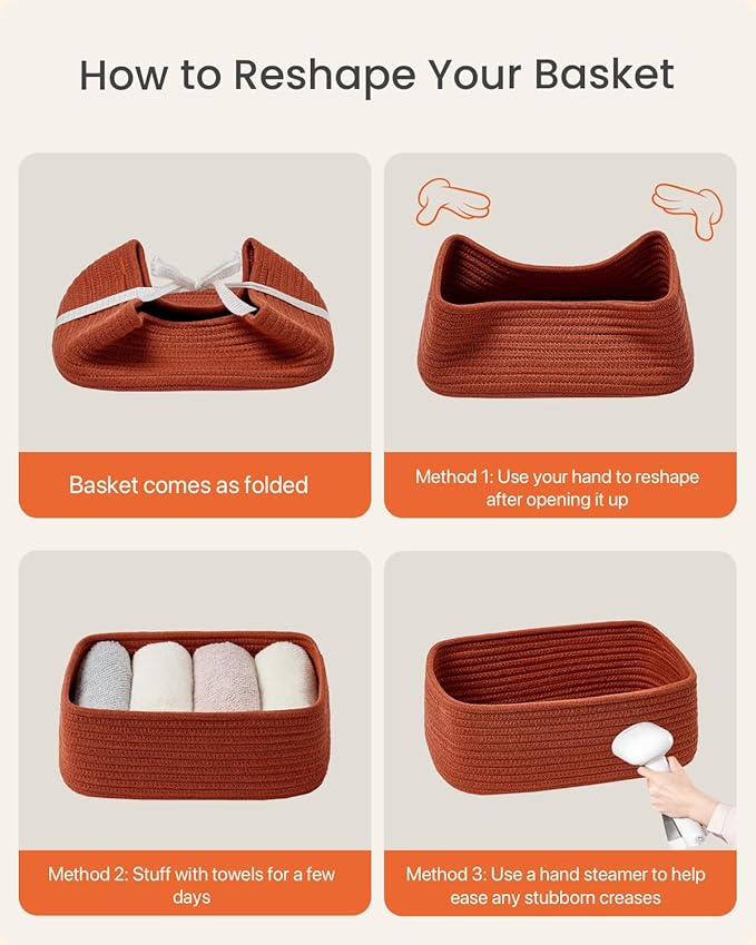 KALLAX Small Woven Basket, 12 x 8 x 4.5 Inches, Storage Basket for Organizing, Cute Small Rope Shelf Closet Cube Storage Bins Baskets for Shelves, Dog Toy Gift Baskets Empty, 3 Pack Rust Red