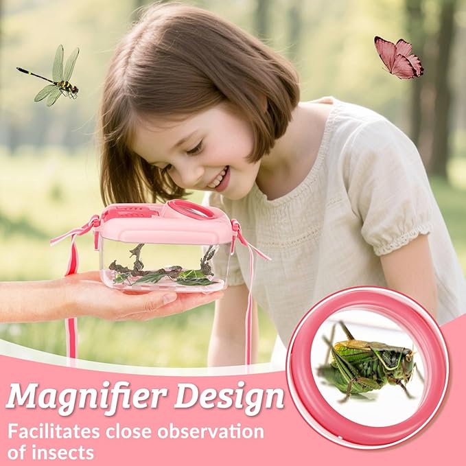2 Set Bug Catcher for Kids- Educational Bug Catching Kit Including Butterfly Net, Insect Clip, Tweezer, Outdoor Toys for Kids Ages 3-10 (Pink)