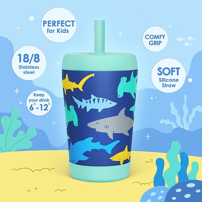 Kid Insulated Stainless Steel Tumbler with Silicone Straw, 12oz Sippy Cup for Kids (Sharks)