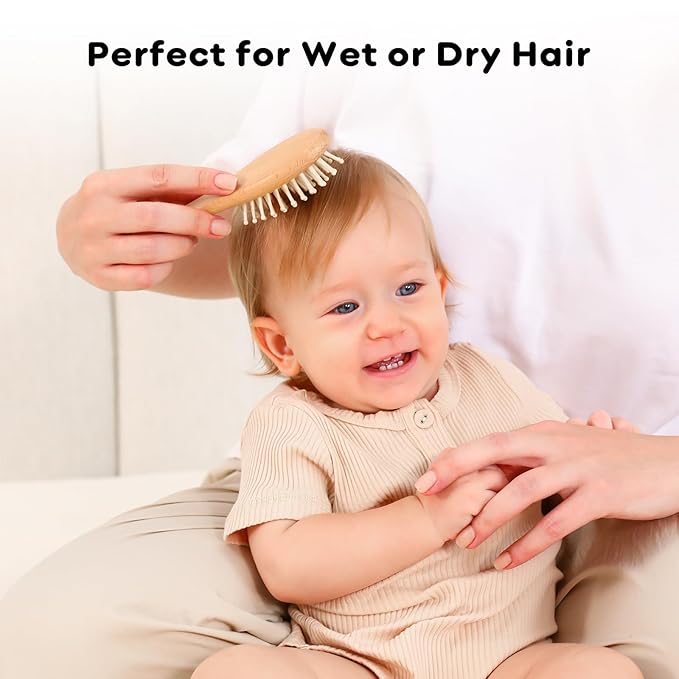 Yoofoss 4 Piece Baby Brush and Comb Set, Wooden Baby Brush with Natural Ultra Soft Goat Hair, Baby Hair Brush for Newborn, Baby Brush Set for Boy Girl