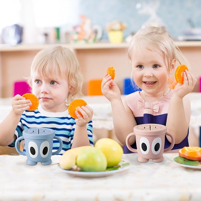 Silicone Snack Cups Food Container for Toddlers and Babies, Spill Proof Training Cup with Snack Cup Lid & Dust Proof Lid, Comes with a toy strap, Without BPA, Lead, or Phthalates (Ether&Beige)