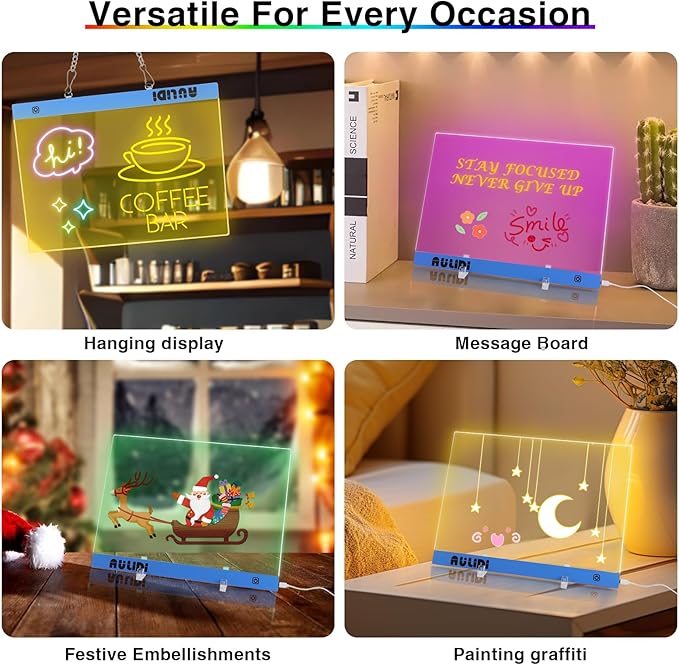 LED Note Board with Colors, Acrylic Dry Erase Board with Light, 16"x12" 6-Color Neon Glow Memo LED Light-Up Message Note Board, Drawing Board, LED Writing Pad with Touch Control (Stand/Hanging)