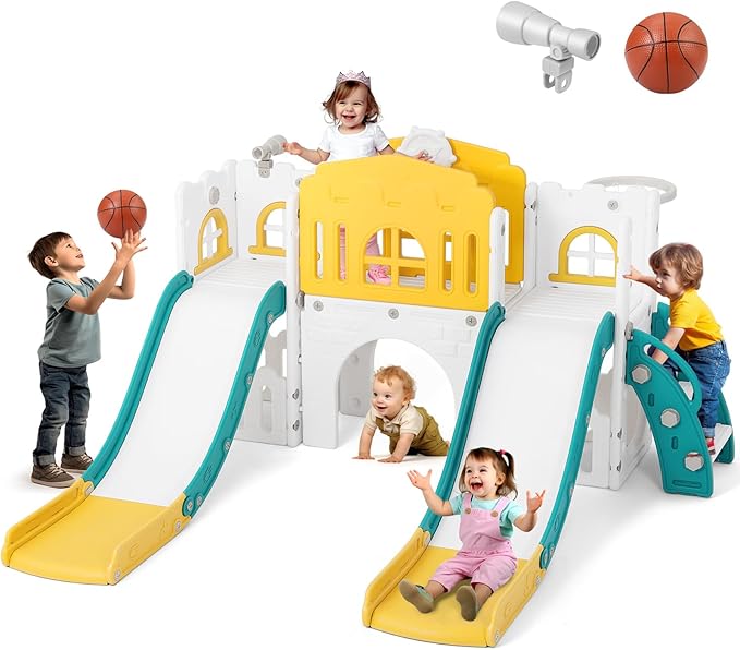JOYLDIAS 9 in 1 Toddler Slide, Toddler Playground with Double Slides, Climber,Basketball Hoop,Tunnel, Telescope, Storage Space and Non-Slip Step, Indoor Outdoor Backyard Playset for Toddlers Age 1-3+