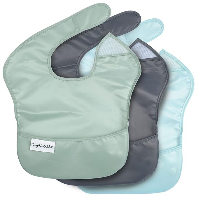Tiny Twinkle Mess Proof Baby Bibs for Eating - Waterproof, Wipeable Bibs - Toddler Bibs - Travel Friendly - PFAS, PVC, BPA, Phthalate Free - Baby Food Bibs (3 Pack,Sage, Charcoal)