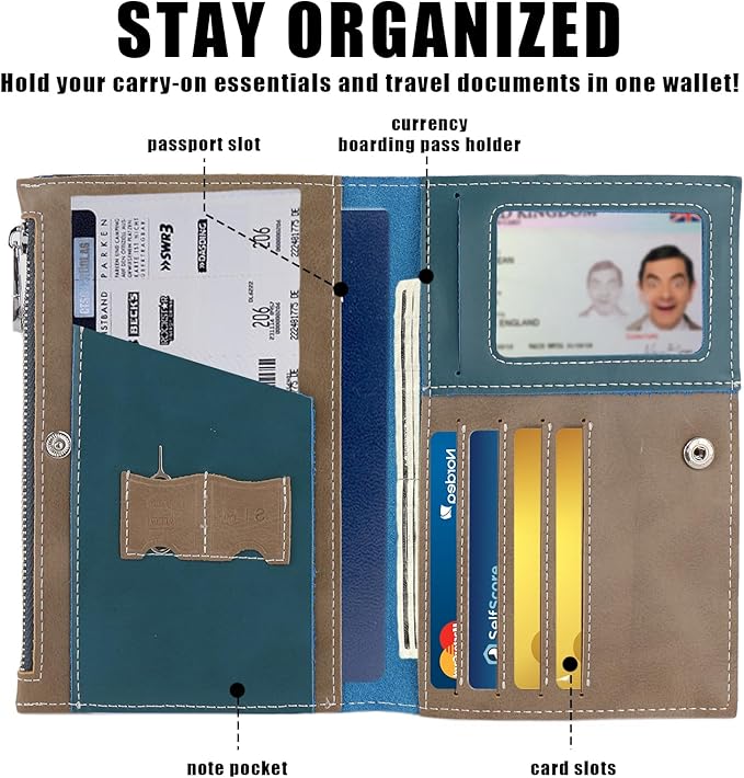 Genuine Leather Travel Passport Wallet, Slim RFID Blocking Holder for Secure Travel and Document Organization (Blue)