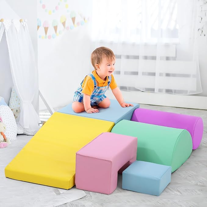 6-Piece Soft Toddlers Climbing Toys, Baby Foam Climbing Blocks for Babies Toddlers, Waterproof Foam Play Gym Climber Structures for Toddler 3, Indoor Climb and Crawl Activity Play Set (Suede Fabric)