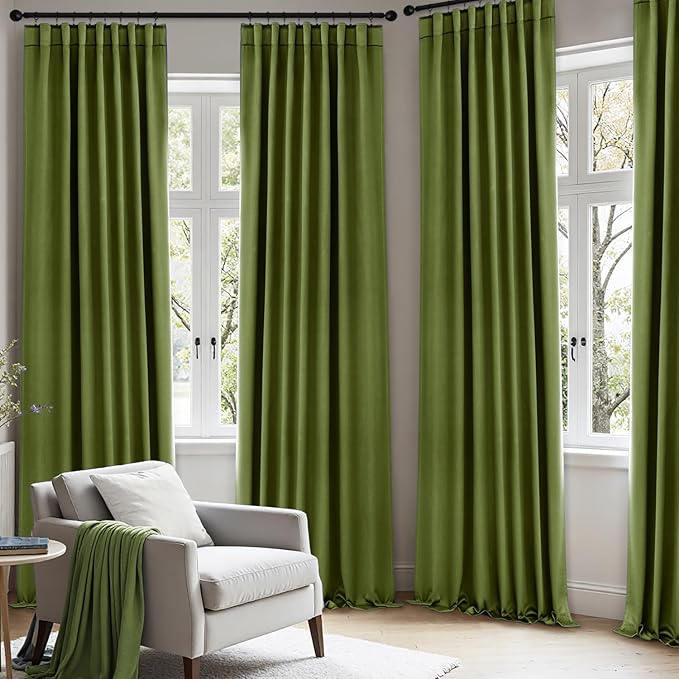 ANRODUO Back Tab Blackout Curtains for Bedroom Living Room, Rod Pocket Pinch Pleated Thermal Insulated Room Darkening Curtains 90 Inches Long 2 Panels, Olive Green, 42 x 90 Inch