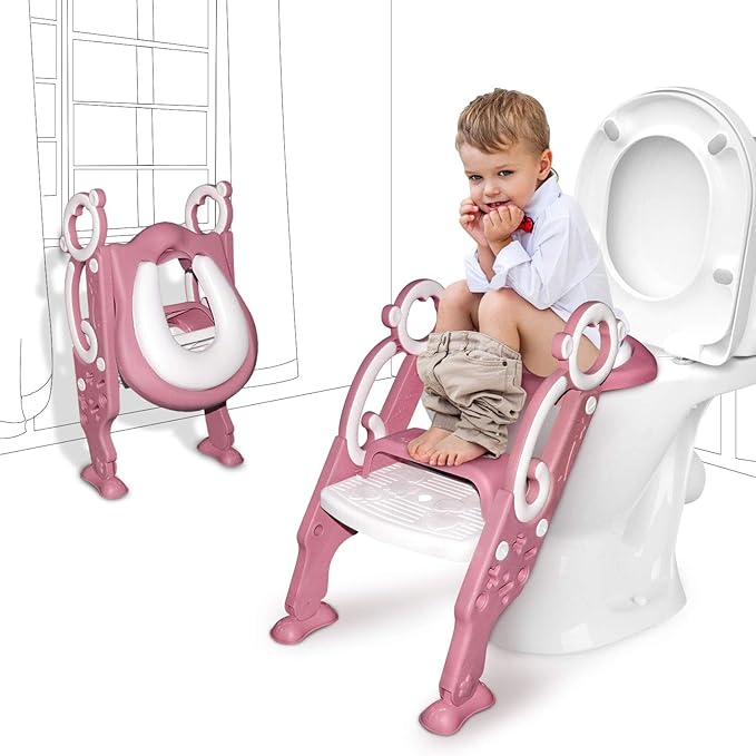 GrowthPic Pink Toddler Potty Training Seat with Step Stool – Foldable Toilet Trainer for Girls with Soft Cushion & Splash Guard, Adjustable Ladder Fits Standard & Elongated Toilets
