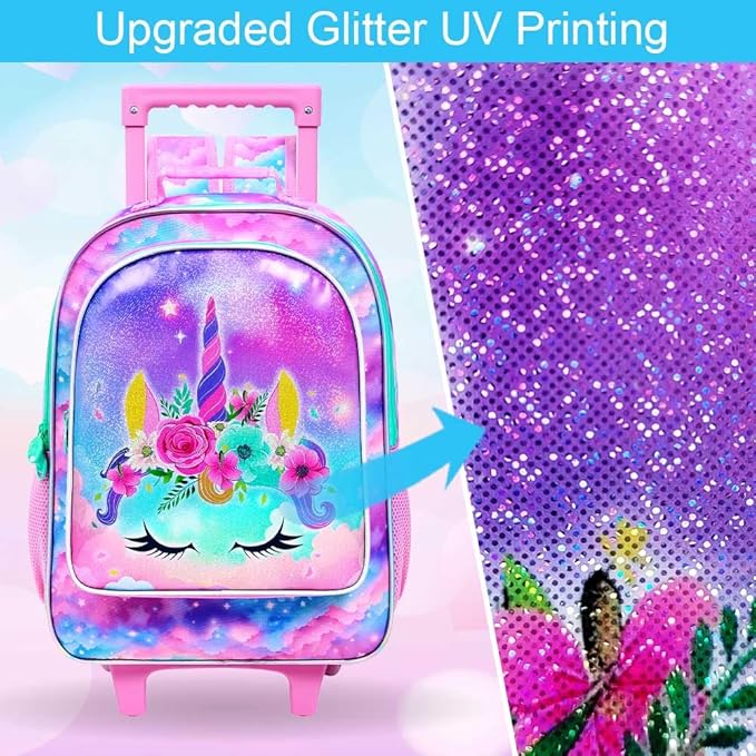 Girls Rolling Backpack, Cute Unicorn Roller Wheels Kids Bookbag - Wheeled Elementary School Bag - 3PCS Unicorn