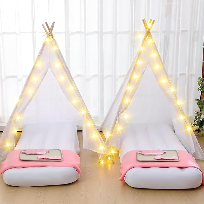 Windyun 4 Pack Kids Teepee Tent for Slumber Party with Mattress and Lights, Sleepover Tents for Girls Boys Indoor Outdoor Cotton Teepee for Kids with Airbed Tray Blanket Birthday Party Supplies(White)
