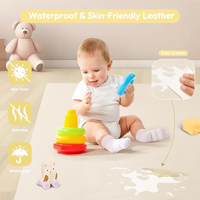 Padded Baby Play Mat, Super Soft Vegan Leather Floor Mat for Baby Girls and Boys, 48x48 Non-Slip Thick Foam Cushioned Play Mat for Babies 6-12 Months, Fits Nicely Into 50x50 Playpen Mat, Beige