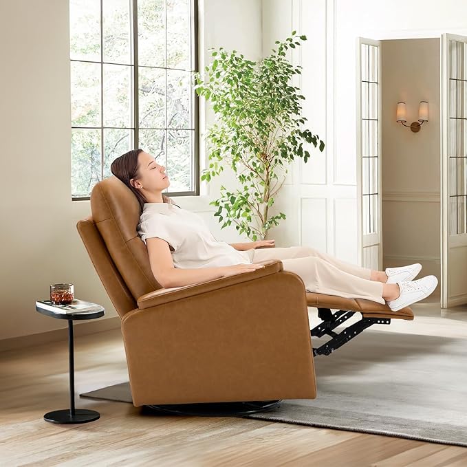 COLAMY Leather Swivel Recliner Chair with Footrest, High Back with Double-Layer Cushion, Glider Recliner for Nursery & Living Room, Bedroom, Camel