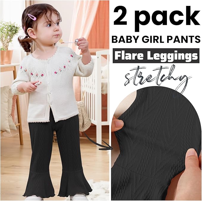 2 Pack Toddler Baby Girl Pants Flare Leggings Ribbed Knit Newborn Bell Bottoms Solid Ruffle Infant Pants for Girls