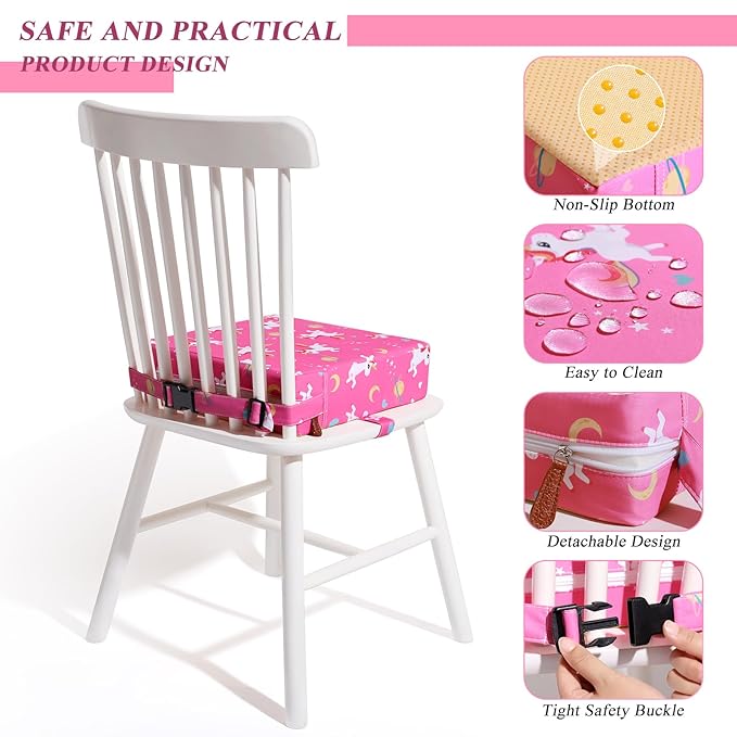 Toddler Booster Seat for Dining Table, Stronger Support Booster Seat for Table Washable 2 Safer Straps Non-Slip Bottom Portable for Kids Baby Increasing Cushion for Travel Home