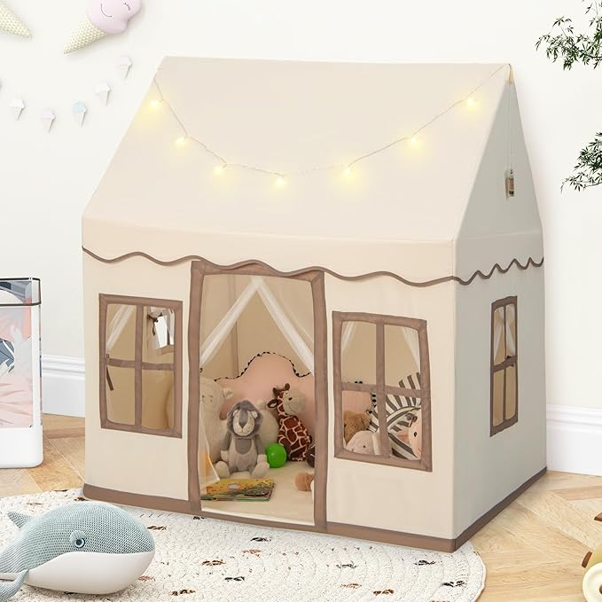 INFANS Kids Play Tent with Washable Mat Star Light Windows, Anti-Trip Large Playhouse Toys for Children Boys Girls, Indoor Outdoor Princess Tents Castle for Toddlers (Beige)