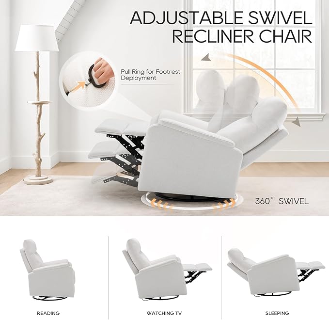 COLAMY Swivel Recliner Chair with Footrest, Rocker Glider Chair High Back with Double-Layer Cushion, Rocker Recliner for Nursery & Living Room, Bedroom, White