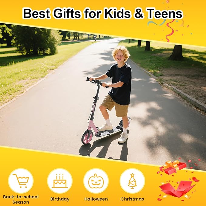 Kick Scooter for Kids Teens & Adults, 4 Adjustable Heights, 8IN All Terrain Big Wheels, Dual Brakes & Dual Suspension, Foldable and Lightweight, Gifts for Girls Boys