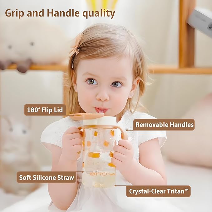 Evorie Tritan Spill Proof Toddler Straw Sippy Cup, 10 oz for Baby and Toddlers 1-3 Years Old, No Spill Straw Water Bottle with Removable Handles, Ideal for School, BPA-Free, Under the Sea