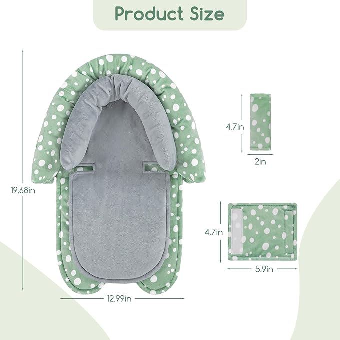 Baby Car Seat Head Support for Newborn, GFU 2 in 1 Infant Car Seat Head Body Support with Strap Pads, Soft Stroller Cushion Pillow Insert for Girls and Boys, Fits for Stroller, Swing, Green