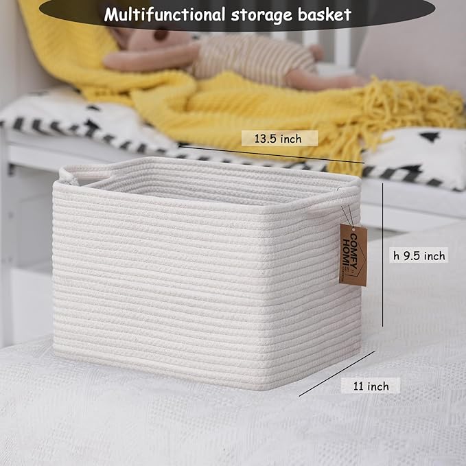 COMFY-HOMI 3PACK Cotton Rope Square Basket with Handles for Shelves|Dog Toy Basket Bin and Storage|Baby Basket for Gif|Shoe basket for Organizing|New13.5" x 11" x 9.5" for Living Room（All White）