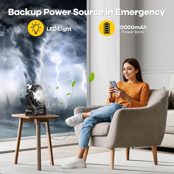 20000mAh Portable Battery Powered Camping Fan - with LED Light, Quiet Battery Operated, Camping Gear for Travel, Tent, Beach, Car or Hurricane Power Outages, Black