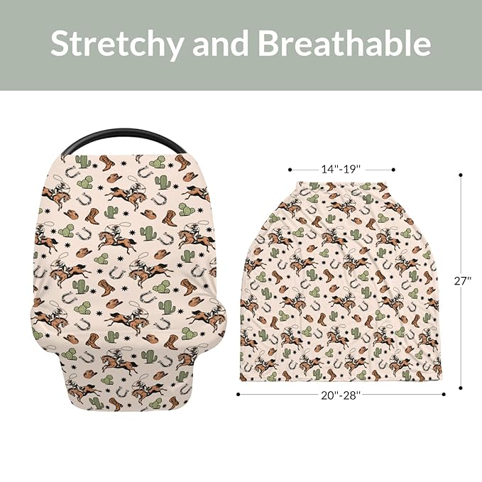 Country Western Car Seat Cover for Baby Cowboy Hat Boots Horse Cactus Stretchy 5-in-1 Covers Adjustable Car Canopy Breastfeeding Cover Wild West Desert Breathable Nursing Cover-Up