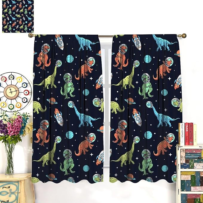 Cartoon Dinosaur Curtains for Kids Boys Girls Home Decor, Astronaut Rocket Funny Outer Space Blackout Rod Pocket Window Drapes for Bedroom Living Room W31.5xL72in 2 Panels