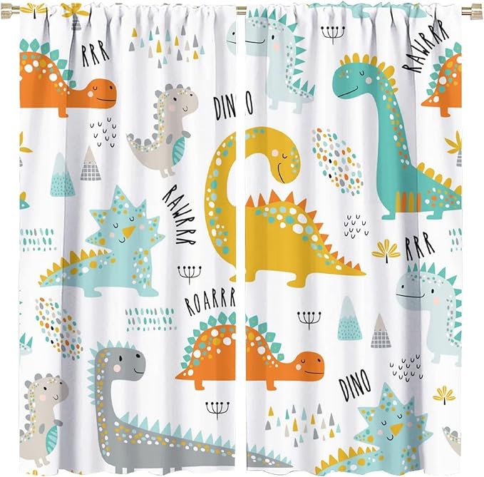 Dinosaur Curtains for Kids Boys Girls Home Decor Childish Cute Dino Animals Print Pattern Rod Pocket Blackout Window Drapes for Nursery Baby Bedroom Playroom W21xL45in 2 Panels