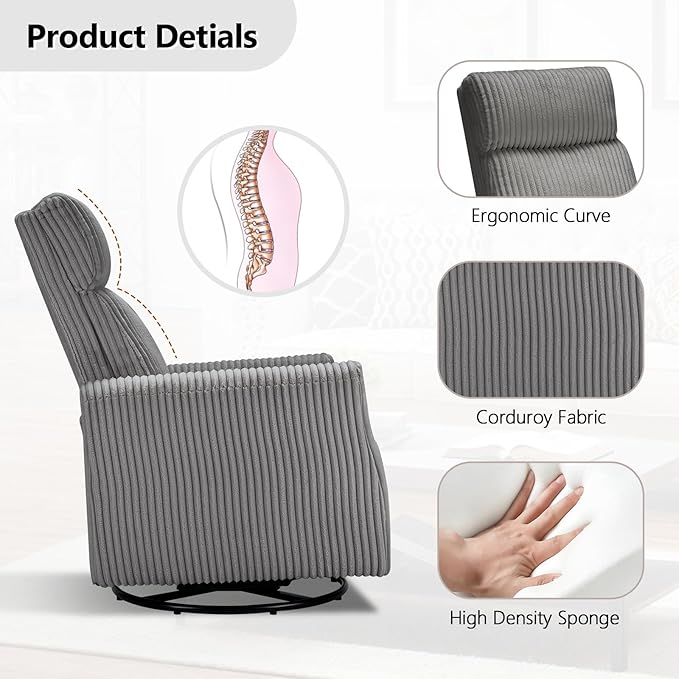 CANMOV Swivel Rocker Chair for Nursery, Swivel Accent Chair with High Back and Arms, Corduroy Glider Chair for Living Room Bedroom Nursery, Grey