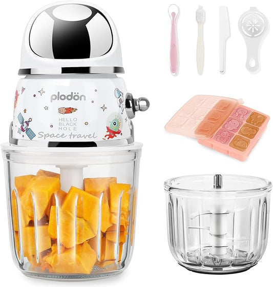 Baby Food Maker Mini Cute and Small Food Processor Puree Blender Grinder Chopper 1.2 Cup Glass Bowl with 6 Blade Electric (Spaceman-White)