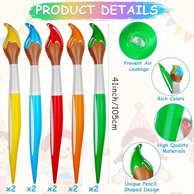 10 Pcs 41.3 Inch Giant Inflatable Paint Brushes Large Blow up Paintbrush Tall Large Jumbo Decorations Prop Set for Birthday Party Favors Classroom School Back to School Supplies,5 Colors