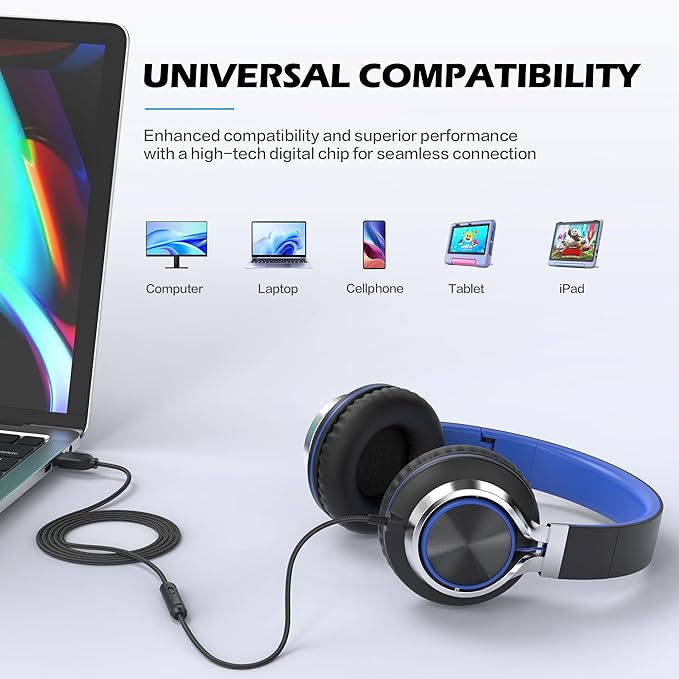 AILIHEN C8 USB-C Headphones Wired - Kids Headphones with Microphone & Volume Control, Foldable Stereo Sound Tangle-Free Type C Cord, Compatible with Cellphone, Laptop, PC (Black Blue)