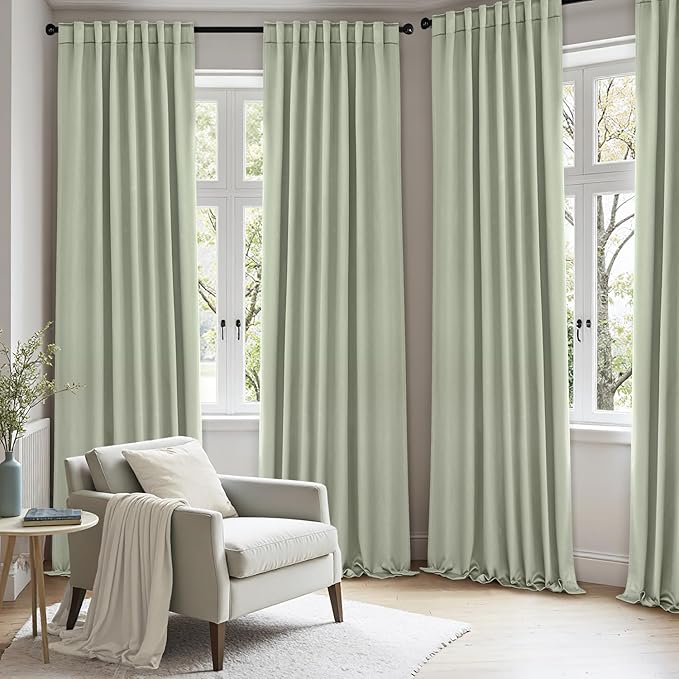 ANRODUO Back Tab Blackout Curtains for Bedroom Living Room, Rod Pocket Pinch Pleated Thermal Insulated Room Darkening Curtains 120 Inches Long 2 Panels, Sage Green, 52 x 120 Inch