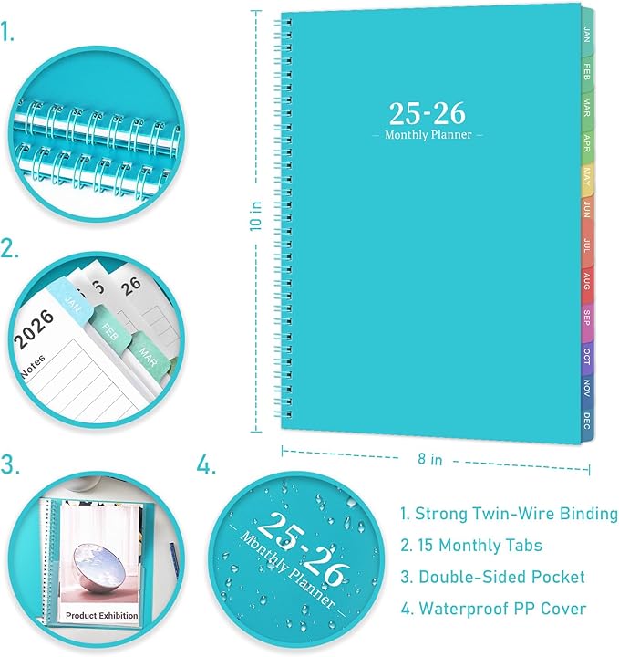 2026 Monthly Planner - JUL 2025 - DEC 2026, Academic Planner 2026, 18 Monthly Calendar with Colorful Tabs, Waterproof Cover (Blue, 8" x10", Notes)