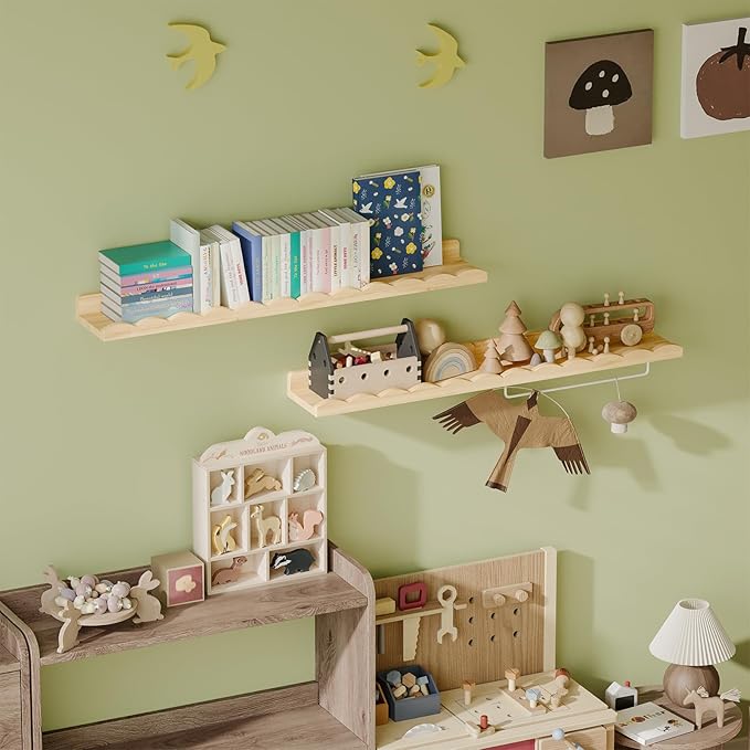 Fixwal Nursery Shelves, 16.5 Inch Floating Bookshelves for Wall Set of 4, Scalloped Wall Book Shelves with Towel Rack for Kids, Toddler Room, Baby Room, Nursery Decor and Storage(Natural Wood)