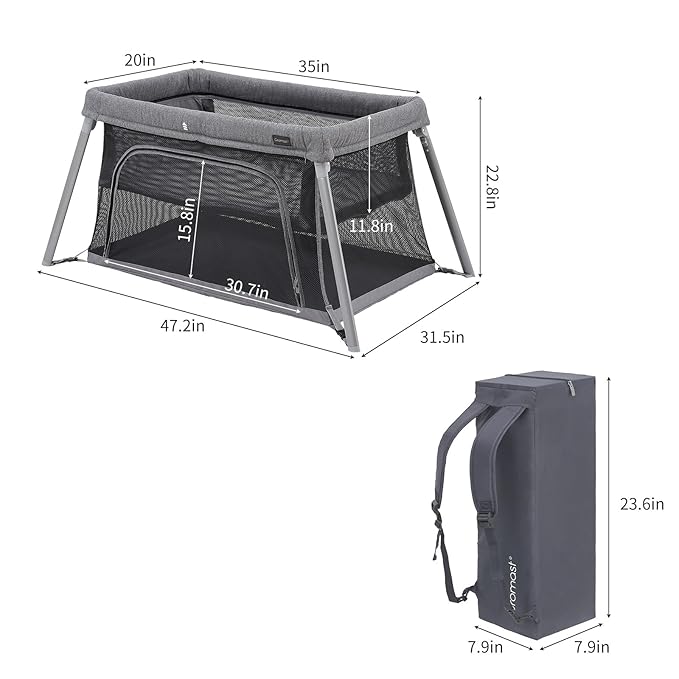 2 in 1 Portable Travel Crib for Toddler, Foldable Crib for Baby, Lightweight Playpen Collapsible Playard with Soft Mattress, Easy to Carry Baby Travel Bed for Outdoor, Indoor (Grey)