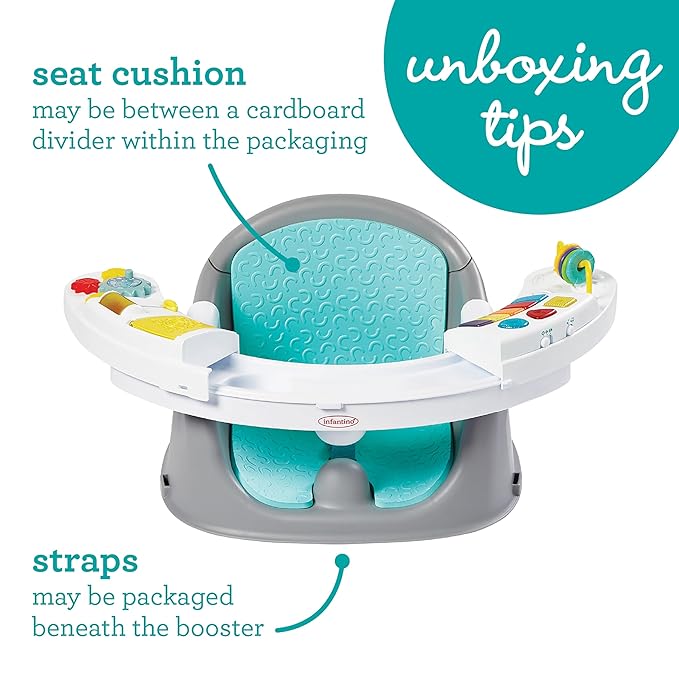 Infantino Music & Lights 3-in-1 Discovery Seat & Booster, Toddler Booster Seat for Dining Table or Kitchen Chair, Baby Activity Center & Snack Tray, Teal