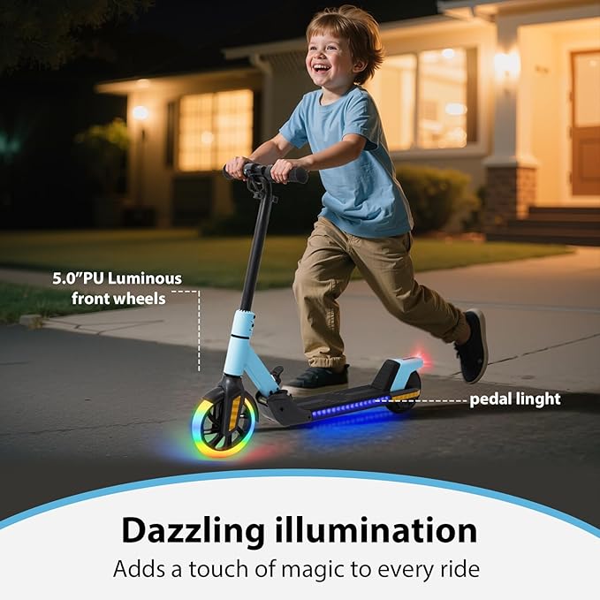 Electric Scooter for Kids Ages 6-12， Max Speed 6.5MPH, max Range 6Miles， with Acceleration Throttle and Electronic Brake， Foldable and Height Adjustable Kids Electric Scooter