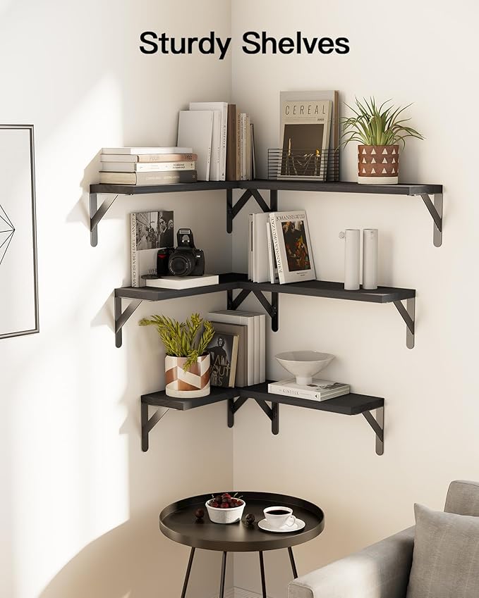 AMADA HOMEFURNISHING Wall Shelves Set of 6, Wood Floating Shelves for Decor, Rustic Farmhouse for Bedroom, Bathroom Storage, Book Shelves for Living Room, Black