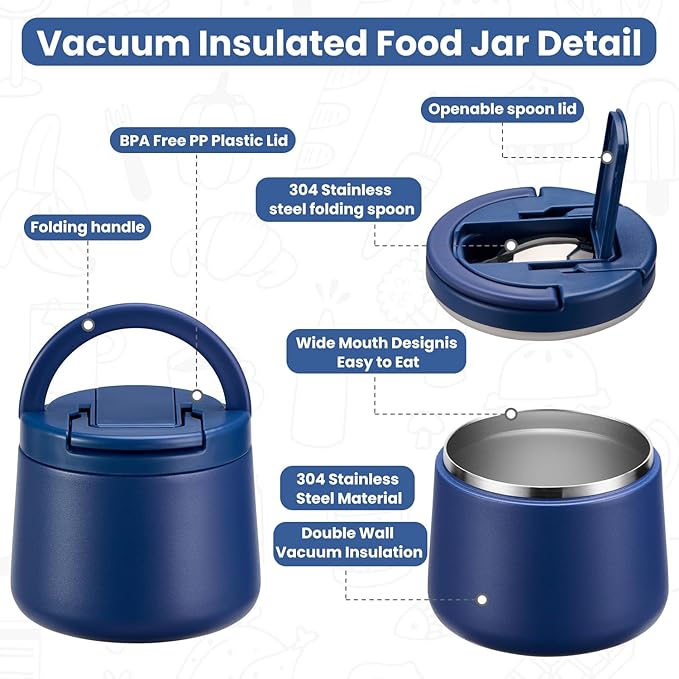 14oz Insulated Vacuum Food Jar with Buckle Lid,Soup Thermo for Hot Food Kids,Wide Mouth Leakproof Stainless Steel Lunch Container with Spoon-Blue