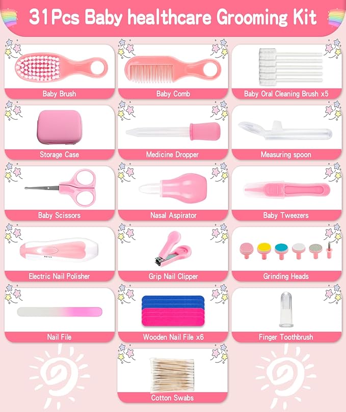 Baby Grooming and Healthcare Kit, Portable Baby Safety Care Set with Hair Brush Comb Nail Clipper Nasal Aspirator for Nursery Newborn Infant Girl Boy (32 in 1, Pink)