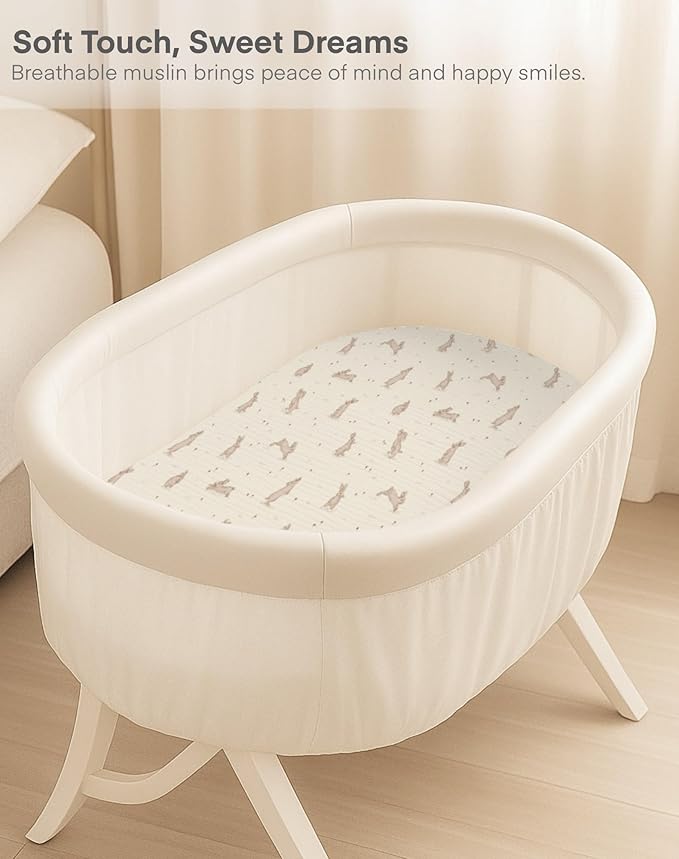Muslin Bedside Bassinet Sheets 2 Pack, 33x20 Fitted Ultra Soft & Breathable Bedside Sleeper Sheets, Ideal for Baby Girl and Boy, Perfect for Newborns (Fern Leaf & Sage)