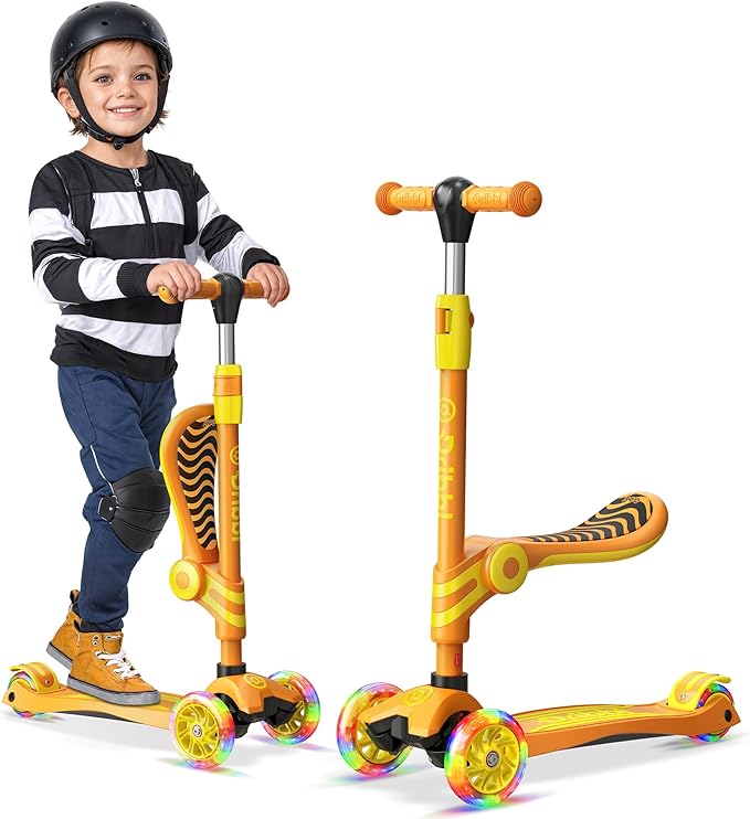 Orange 3 Wheel Scooter with Seat for Kids – Light-Up LED Wheels, Adjustable Handlebar and Seat, Smooth PU Wheels, Wide Anti-Slip Deck, Rear Foot Brake – Toddler Outdoor Toys for Ages 2+