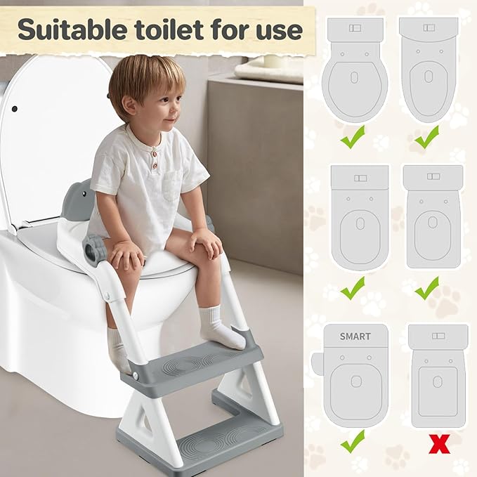 2 In 1 Potty Training Toilet Seat & Toddler Step Stool, Bottom Triangle Stability Toddler Toilet Seat, Adjustable Step & Seat Height Potty Seats (Grey)