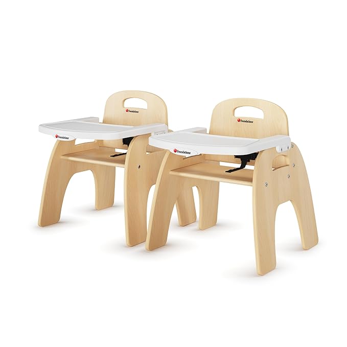 Foundations Easy Serve Low Wood Feeding Chairs Multipack, Adjustable Harness, Removable Dishwasher Safe Tray, No-Tip Base, Stackable Toddler Chairs, 2 Pack (11 inch)