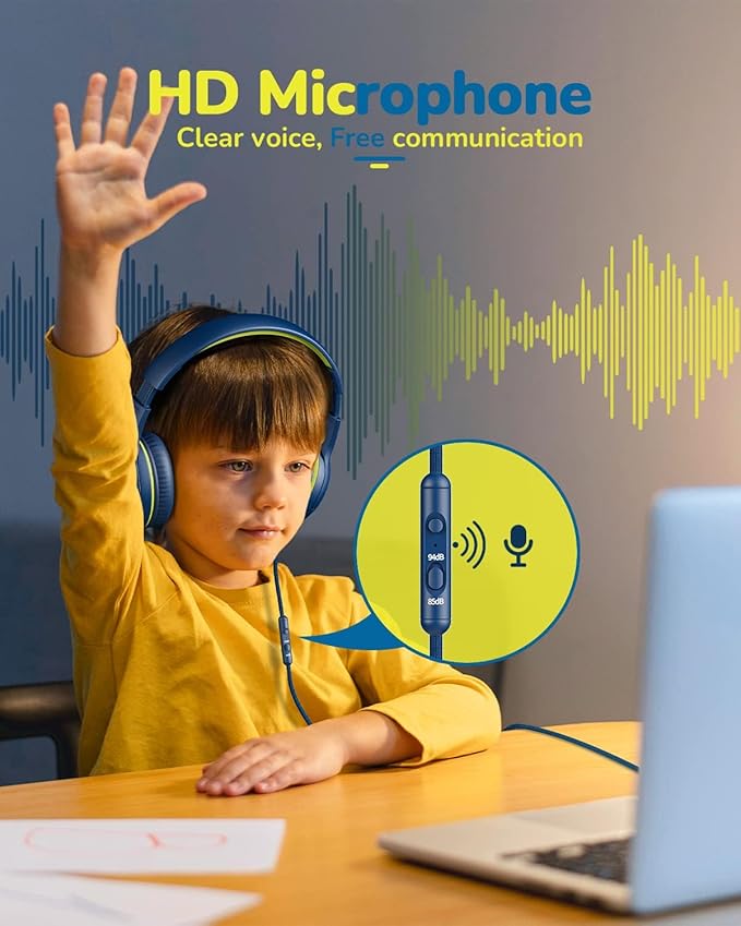 Kids Headphones Wired Toddler Headphones with Microphone - Over-Ear Headphones, 85/94dB Volume-Limiting, 3.5mm Jack Foldable On-Ear Design, Safe Comfortable for Boys Girls Learning Entertainment Black