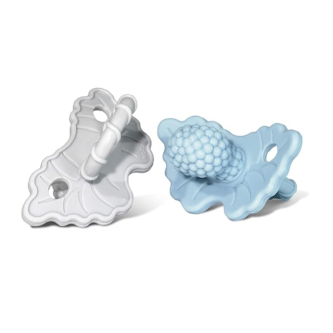 RaZbaby RaZberry Silicone Teether Pacifier – Teething Relief for Infants 3m+, Food-Grade, BPA-Free, Hands-Free, Natural Berrybumps Fruit Texture for Sensory Development, Freezable 2-Pack, Blue & Grey