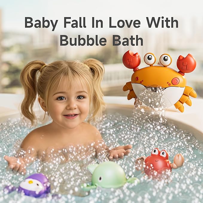 TUMAMA Baby Bath Toy,Bath Bubble Maker Machine with Music,3 Bathtub Wind-Up Toys,Crab Shower Water Toy for Toddlers Kids Boys Grils (Orange)